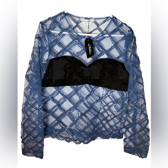 NWT Vivienne Hu Sheer Diamond Embroidered Print Blouse Size 8 - Picture 2 of 7